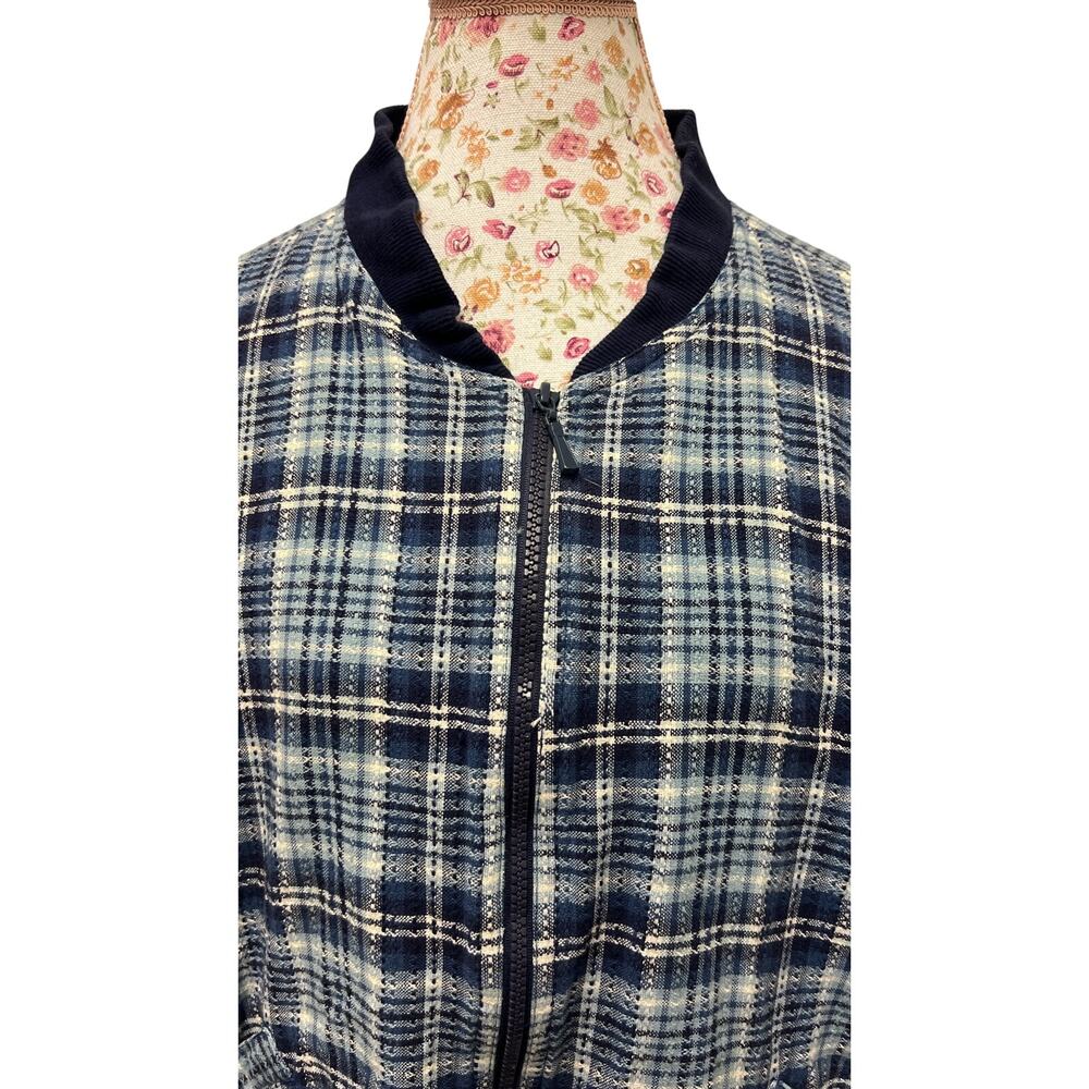 🧥 Basic Editions XL Plaid Bomber Jacket Blue Vintage 90s Grunge Zip Casual - Picture 2 of 4